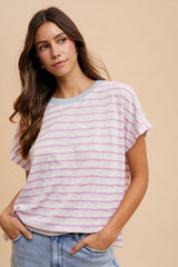 Pink Combo Contrast Neck Band Striped Slub Jersey T Shirt