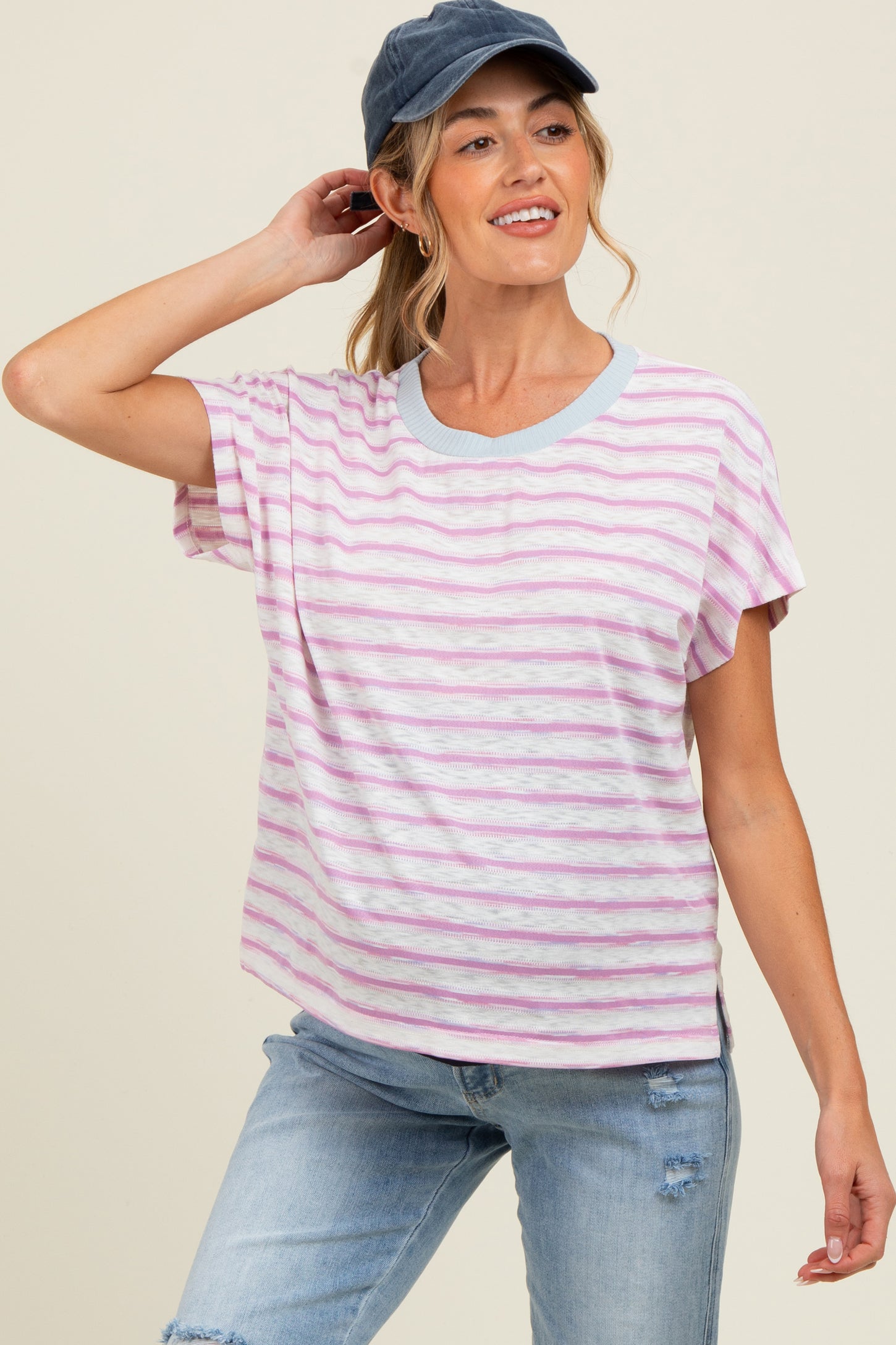 Pink Combo Contrast Neck Band Striped Slub Jersey Maternity T Shirt