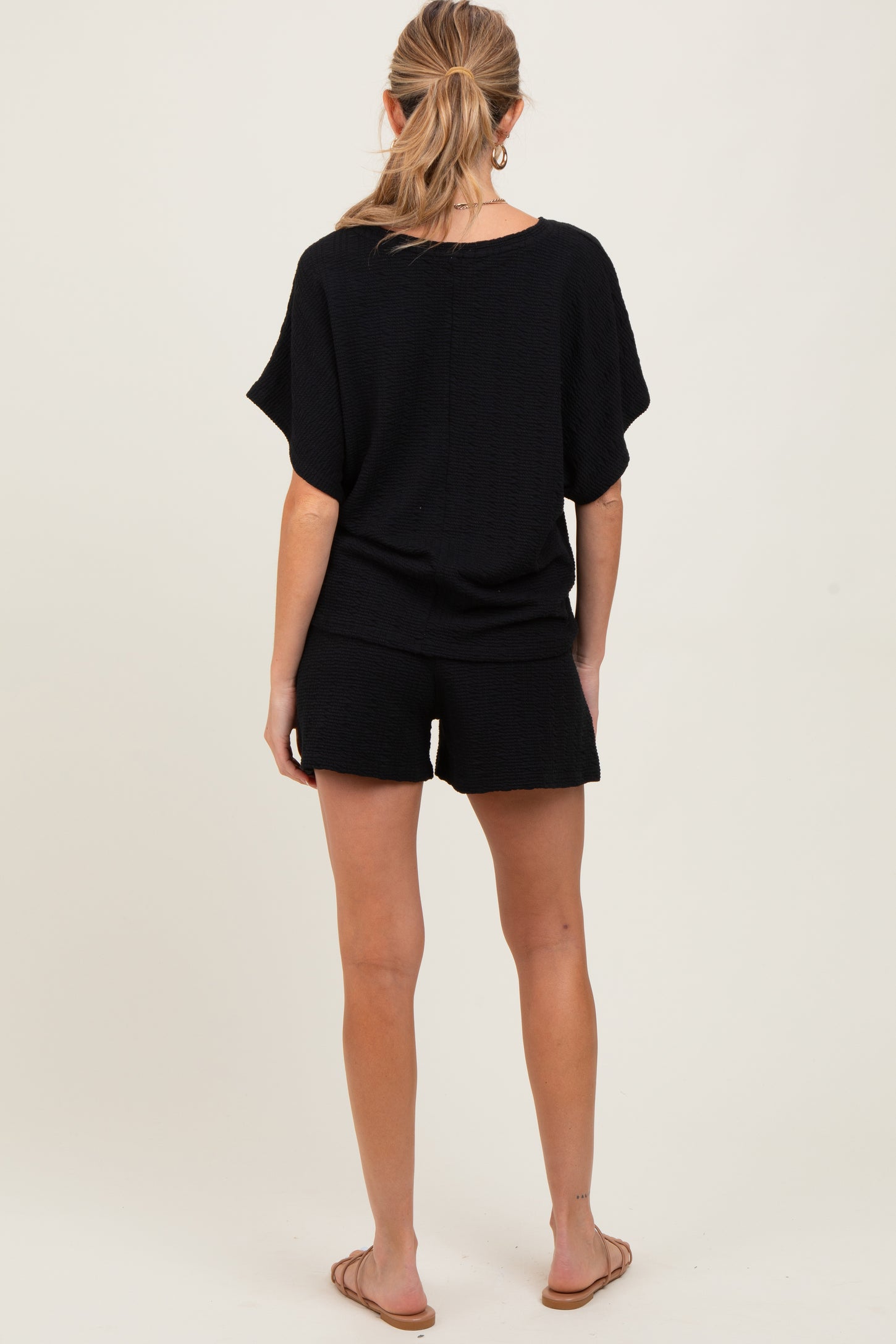 Black Textured Modal Knit Loose Fit Maternity Top & Shorts Set
