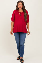 Burgundy  Half Balloon Sleeve Maternity Top