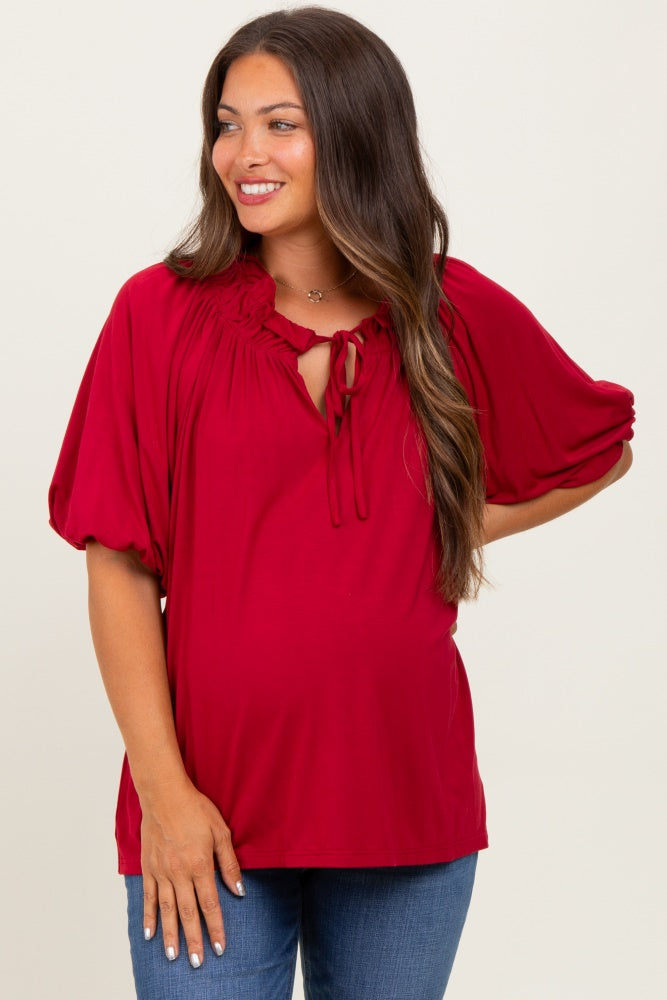 Burgundy  Half Balloon Sleeve Maternity Top
