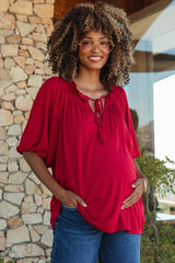 Burgundy  Half Balloon Sleeve Maternity Top