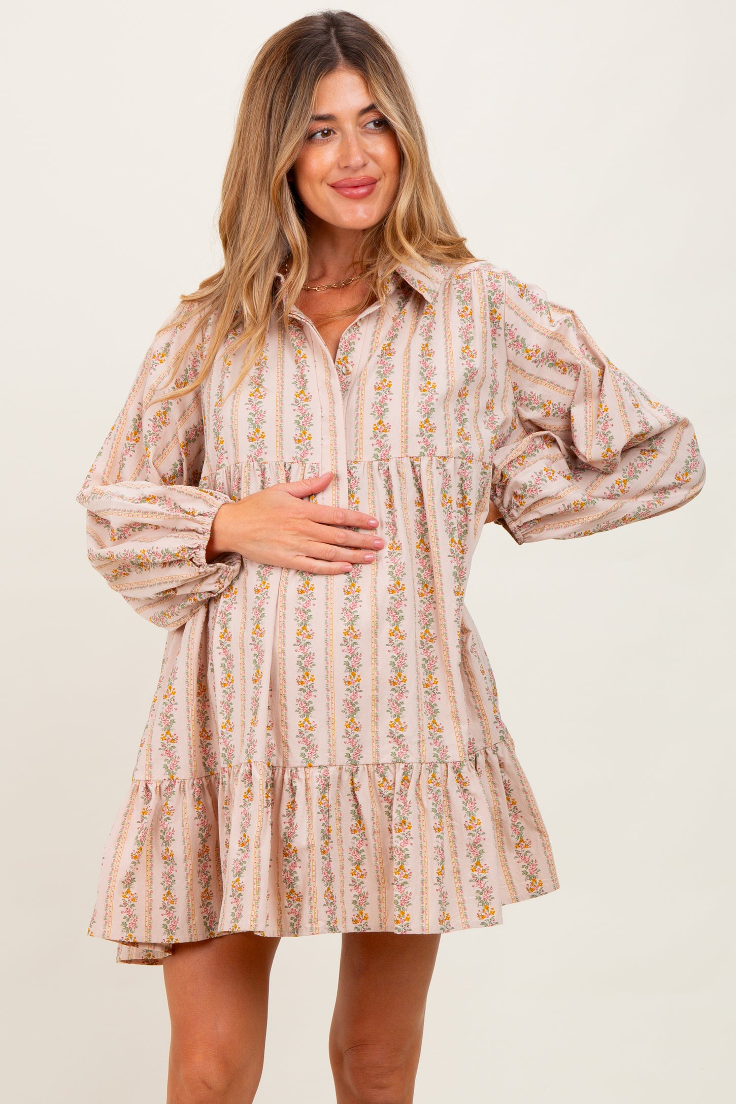 Tan Floral Print Shirring Half Buttoned Maternity Shirt Dress