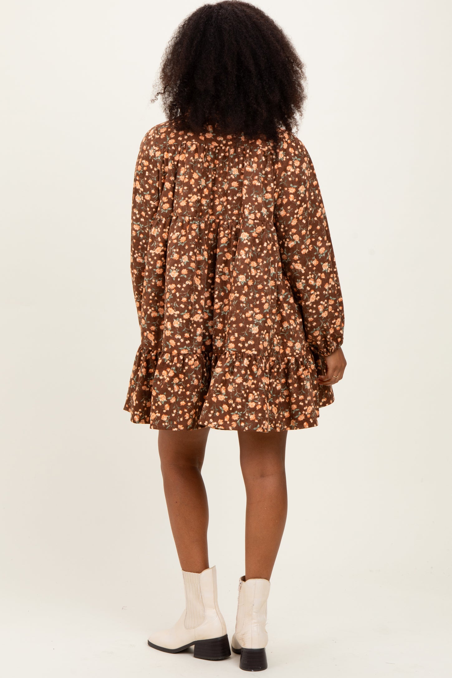 Brown Floral Print Shirring Half Buttoned Shirt Dress