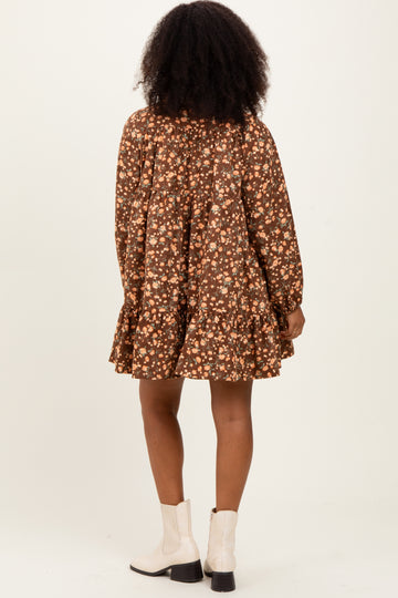 Brown Floral Print Shirring Half Buttoned Shirt Dress