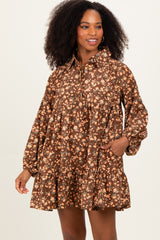 Brown Floral Print Shirring Half Buttoned Shirt Dress