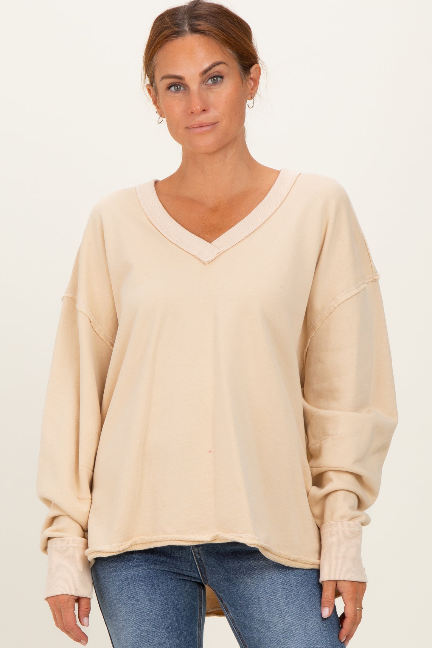 Oatmeal Mineral Washed French Terry Oversized Maternity Sweatshirt