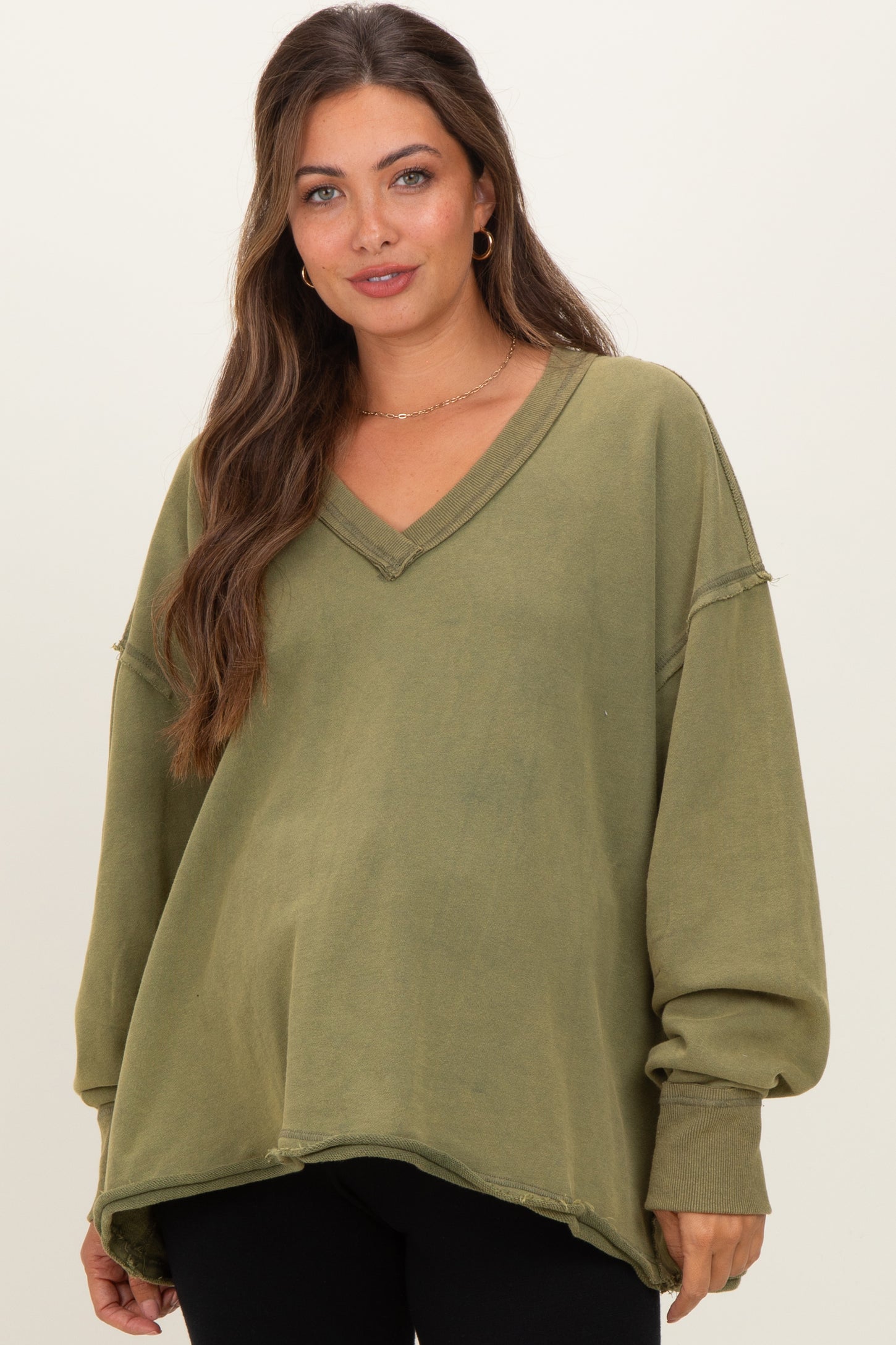 Olive Mineral Washed French Terry Oversized Maternity Sweatshirt