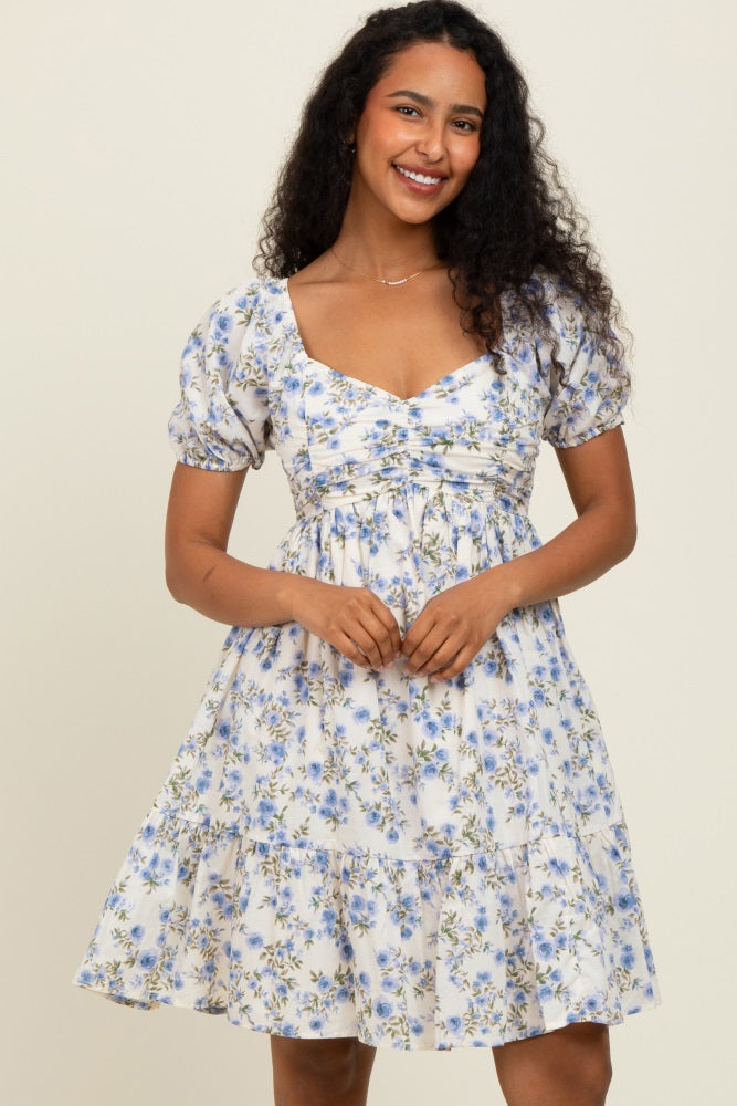 Cream/Lavender Ruched Bust Puff Sleeve Floral Cotton Mini Dress