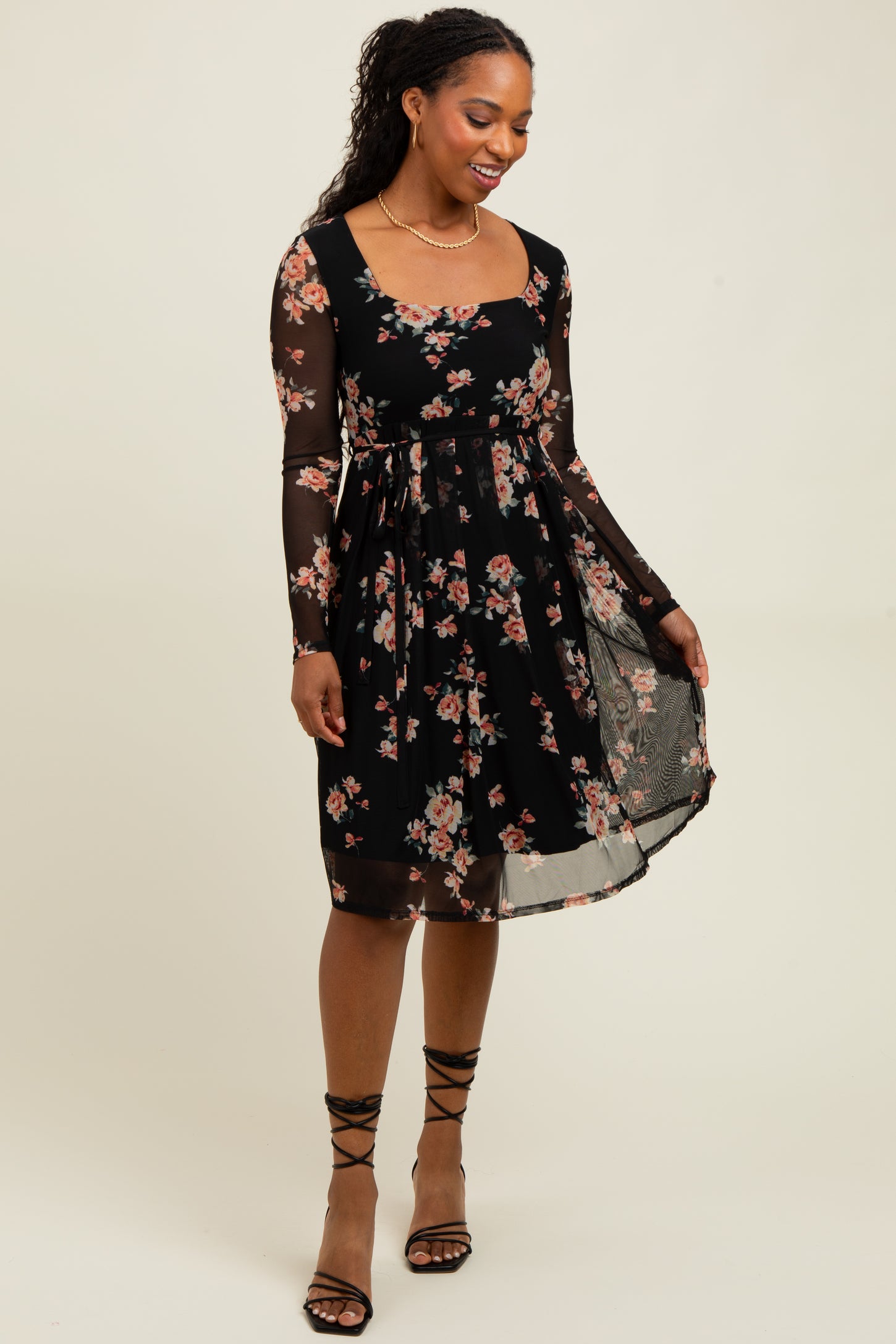 Black Floral Square Neck Long Sleeve Maternity Dress