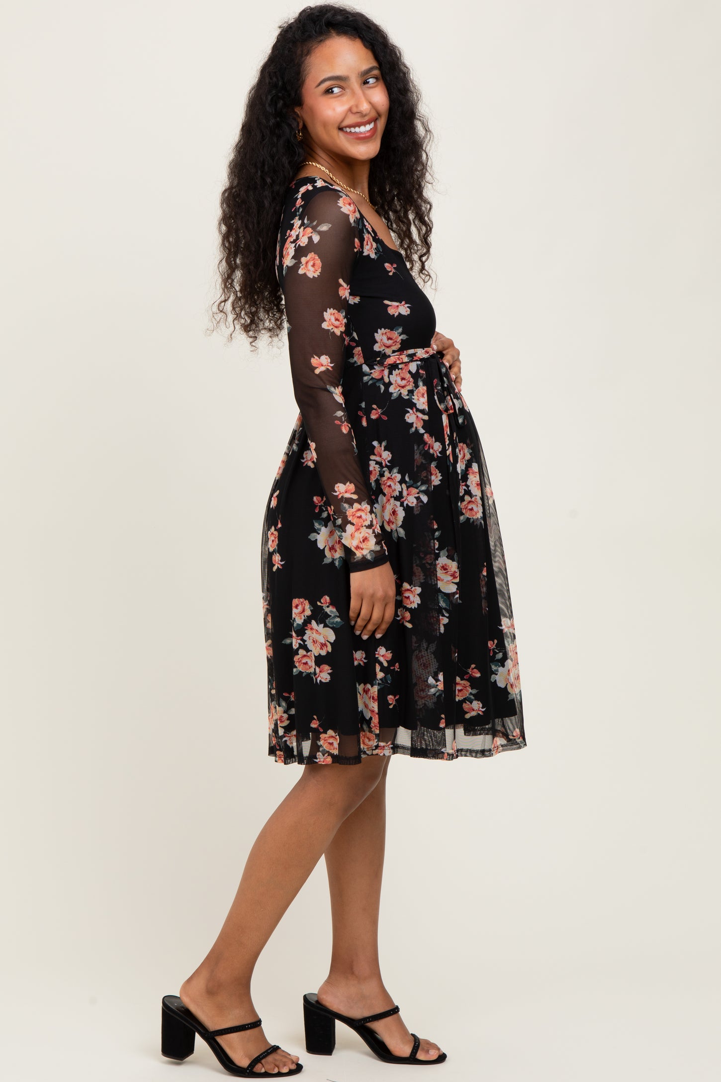 Black Floral Square Neck Long Sleeve Maternity Dress