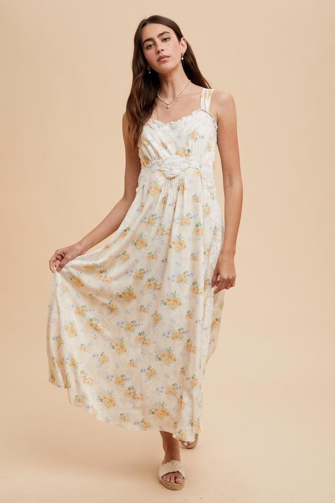 Yellow Floral Lace Overlay Maxi Dress