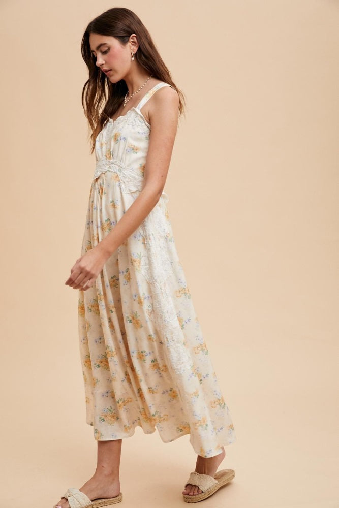 Yellow Floral Lace Overlay Maxi Dress