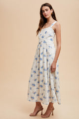 Blue Floral Lace Overlay Maxi Dress