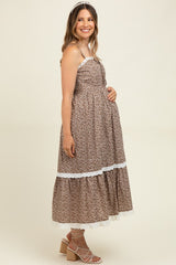 Mocha Mousse Lace Overlay Maternity Maxi Dress