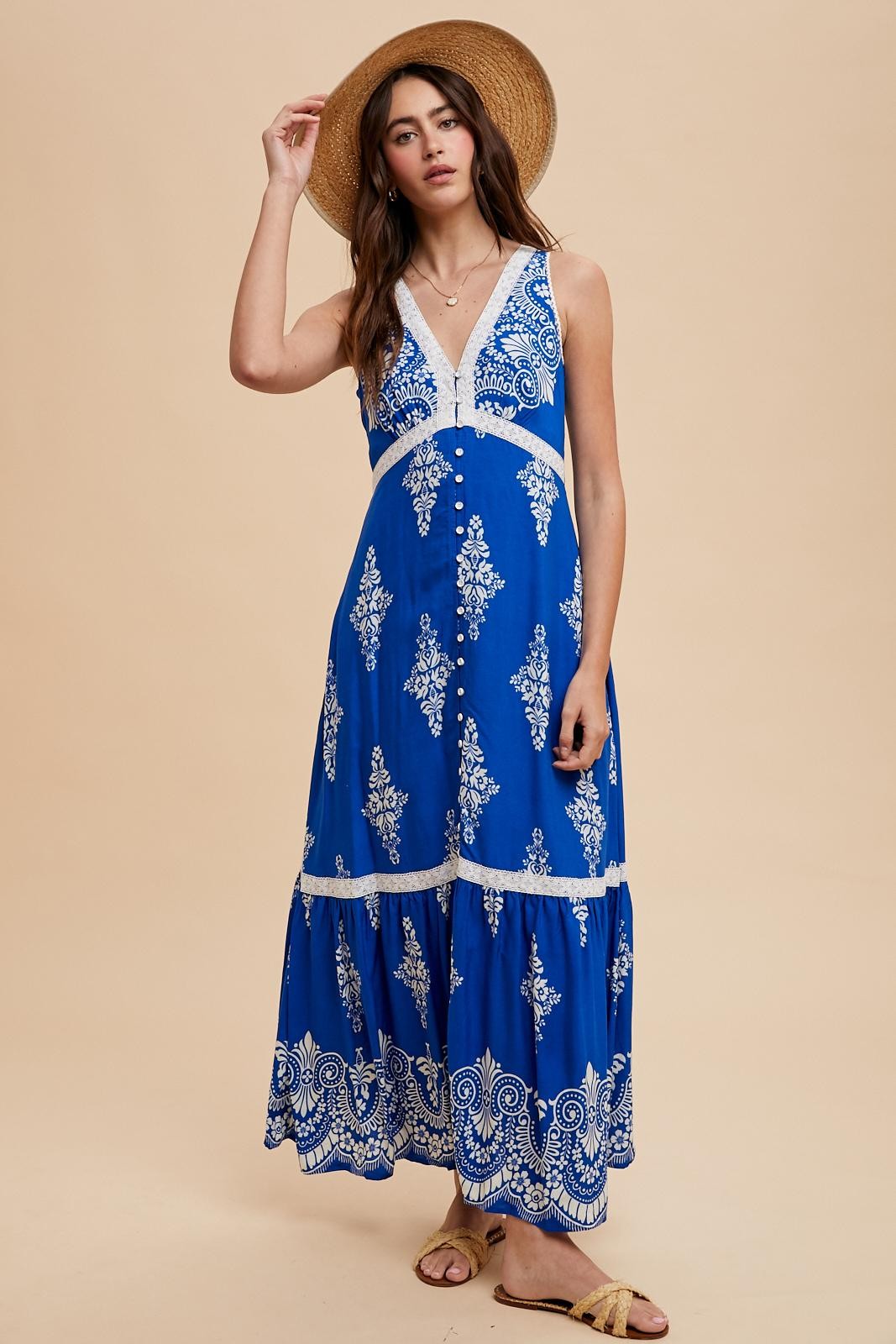 Royal Blue Border Print Resort Maxi Dress