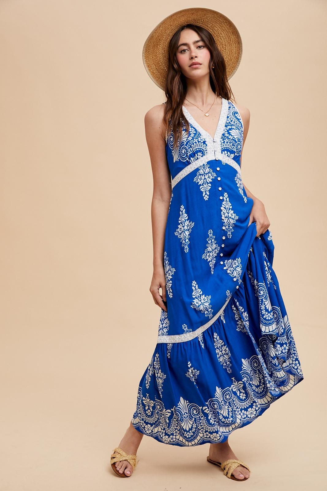 Royal Blue Border Print Resort Maxi Dress