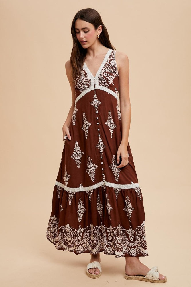 Brown Border Print Resort Maxi Dress