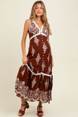 Brown Border Print Resort Maternity Maxi Dress