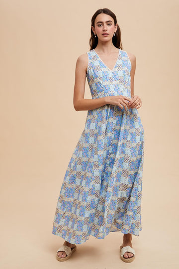 Light Blue Multi Cotton Patchwork Print Button Down Maxi