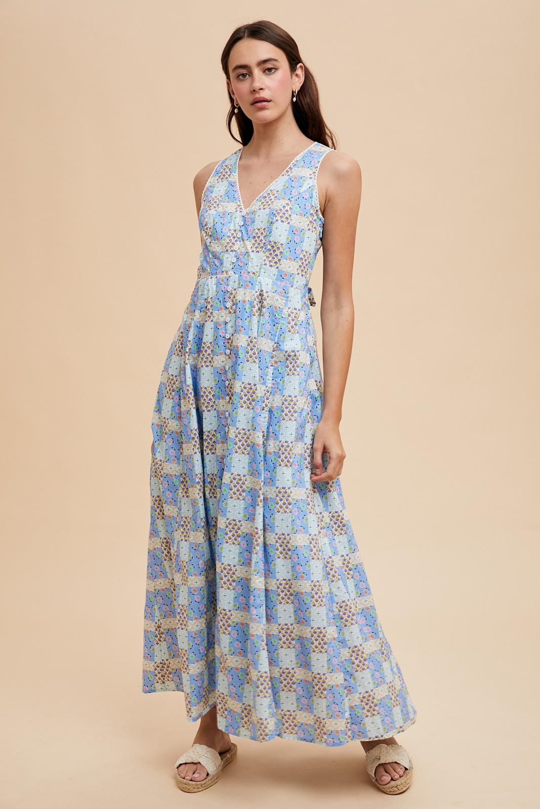 Light Blue Multi Cotton Patchwork Print Button Down Maternity Maxi