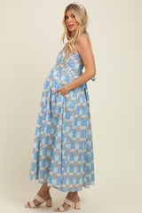 Light Blue Multi Cotton Patchwork Print Button Down Maternity Maxi