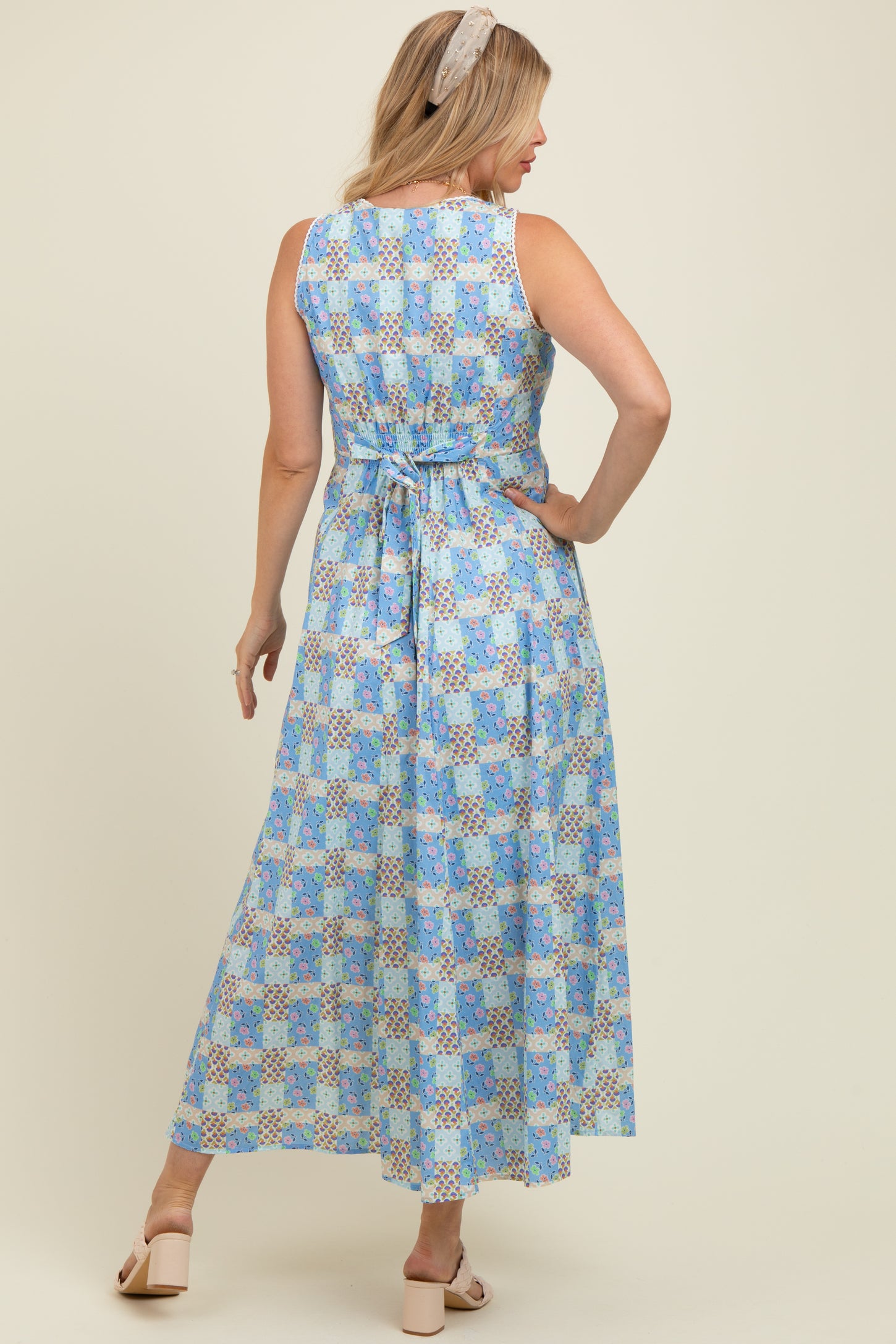 Light Blue Multi Cotton Patchwork Print Button Down Maternity Maxi