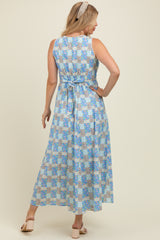 Light Blue Multi Cotton Patchwork Print Button Down Maternity Maxi