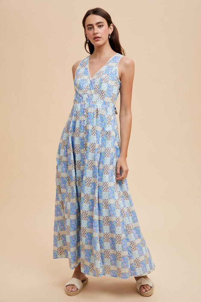 Light Blue Multi Cotton Patchwork Print Button Down Maxi