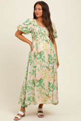 Green Print Puff Sleeve Square Neck Maternity Maxi Dress