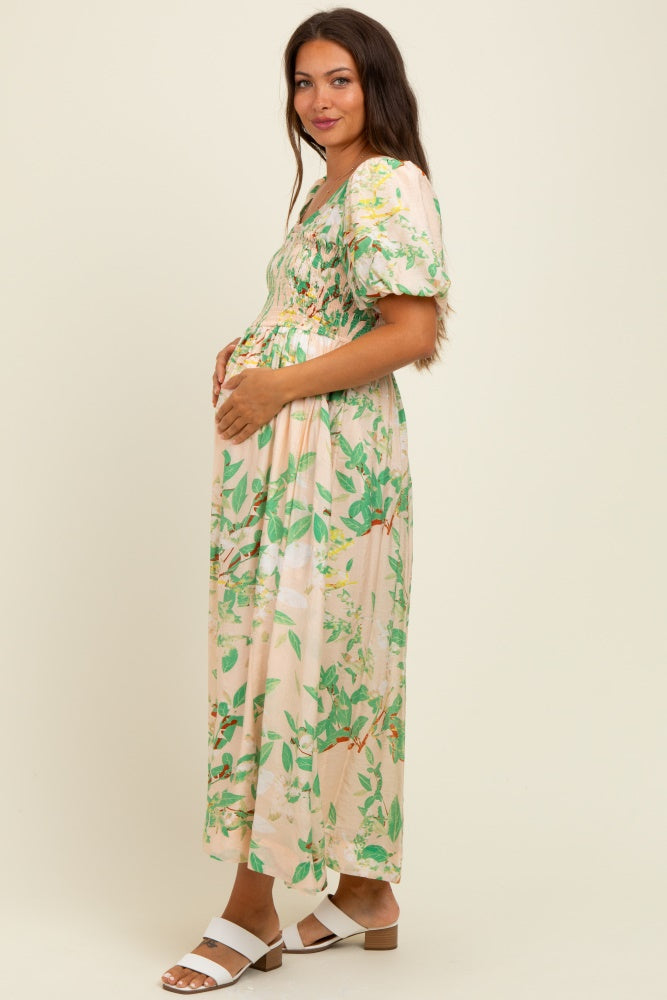 Green Print Puff Sleeve Square Neck Maternity Maxi Dress