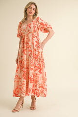 Orange Print Puff Sleeve Square Neck Maternity Maxi Dress