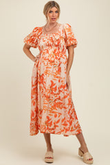 Orange Print Puff Sleeve Square Neck Maternity Maxi Dress