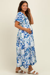 Royal Blue Print Puff Sleeve Square Neck Maternity Maxi Dress