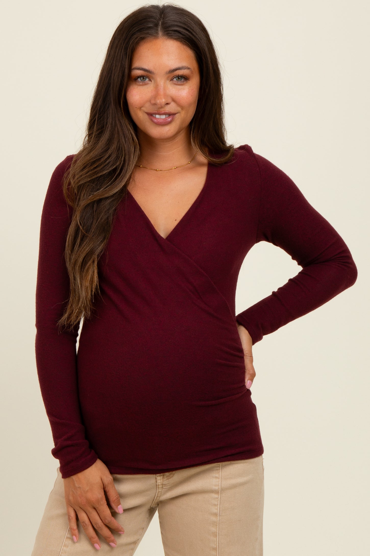 Burgundy Brushed Wrap Front Maternity Top