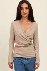Beige Brushed Wrap Front Maternity Top