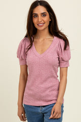 Mauve Textured Short Puff Sleeve Maternity Top