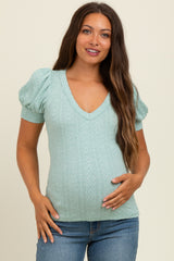 Sage Textured Short Puff Sleeve Maternity Top