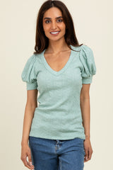 Sage Textured Short Puff Sleeve Top