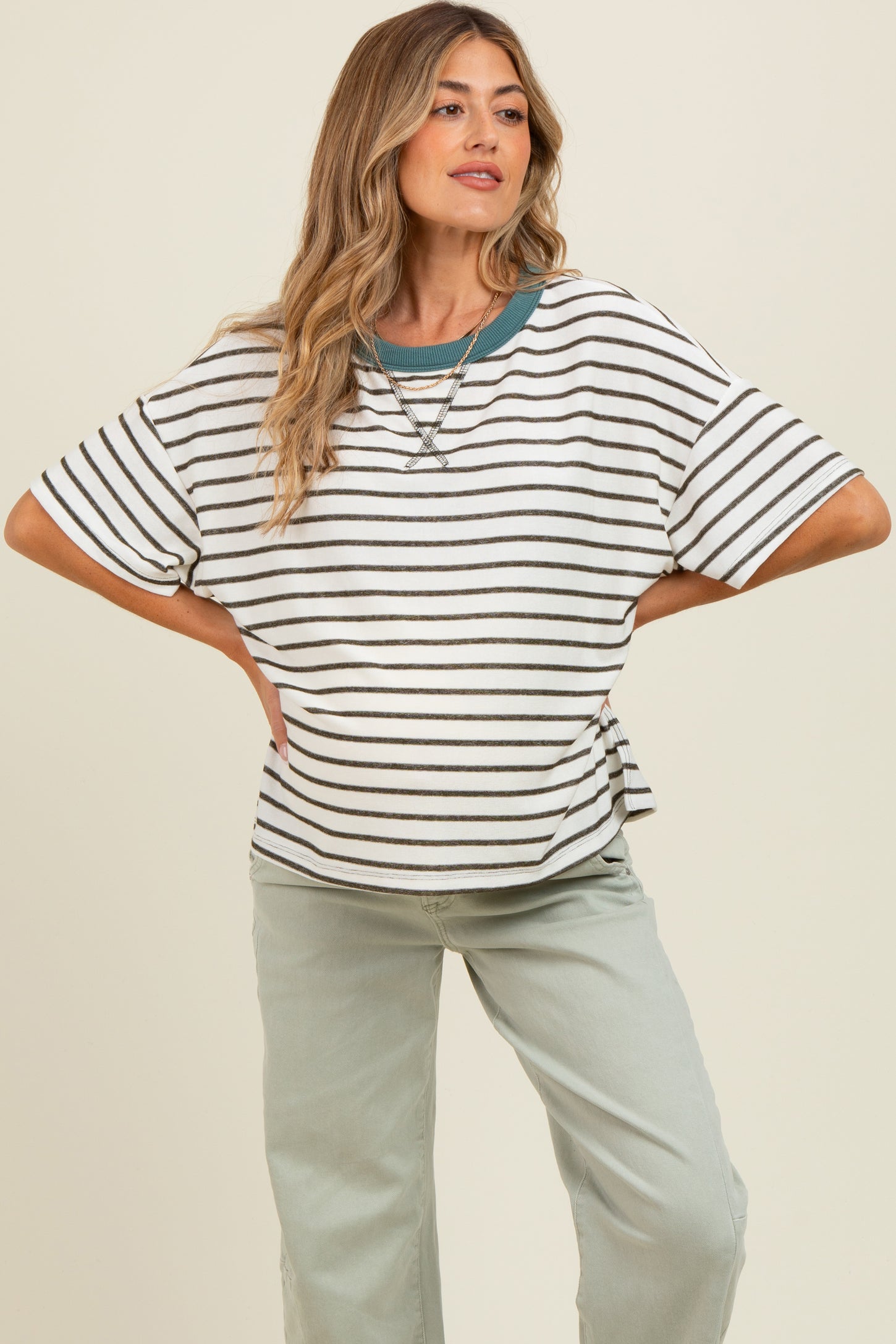 Olive Striped Relaxed Fit Pullover Maternity T-Shirts Top