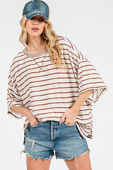 Mocha Striped Relaxed Fit Pullover T-Shirts Top