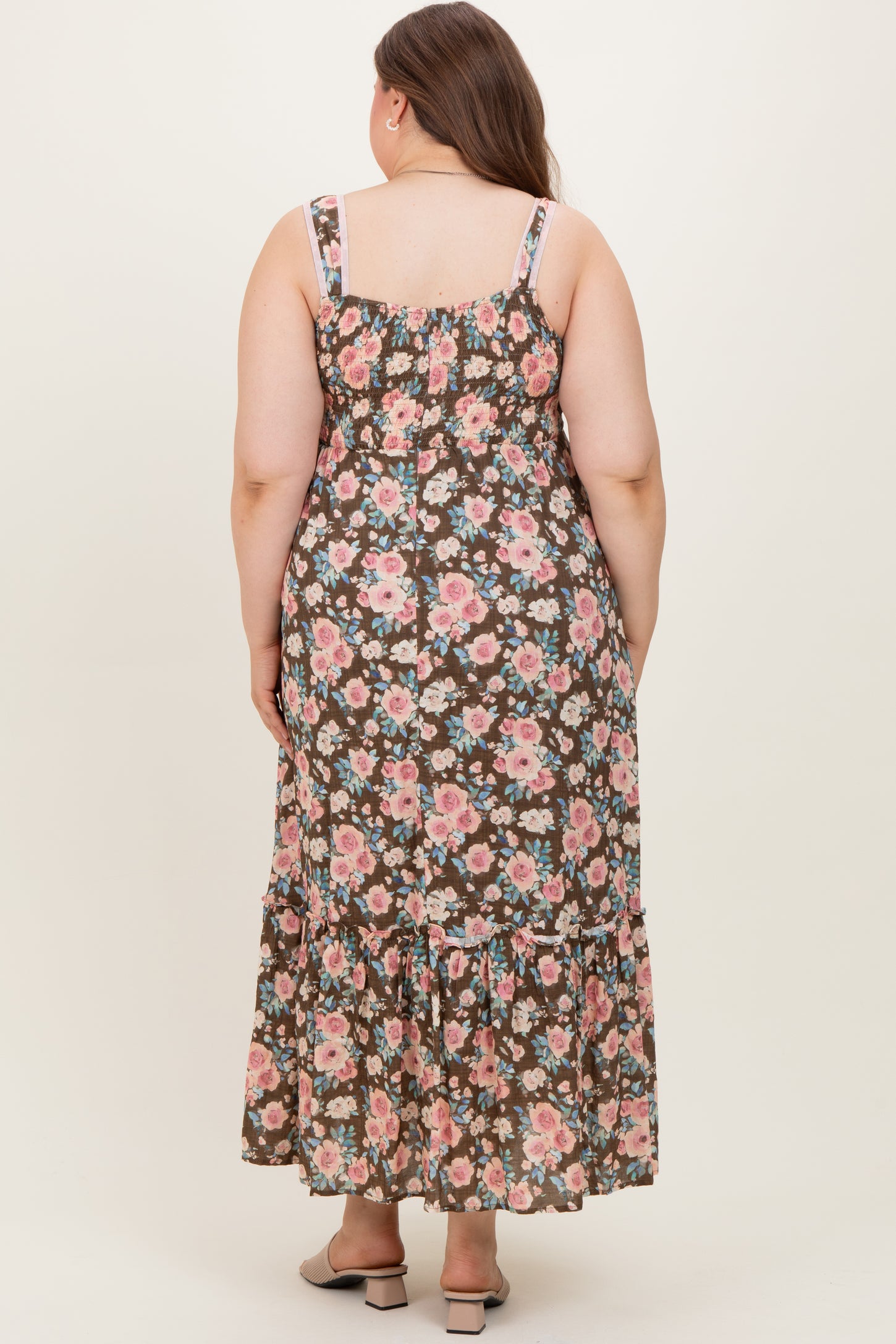 Mocha Pink Plus Textured Light Weight Straps Maternity Midi Dress