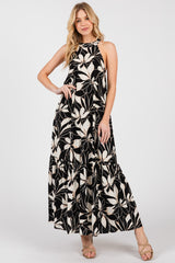 Black/Beige Print Halter Neck Tiered Maxi Dress