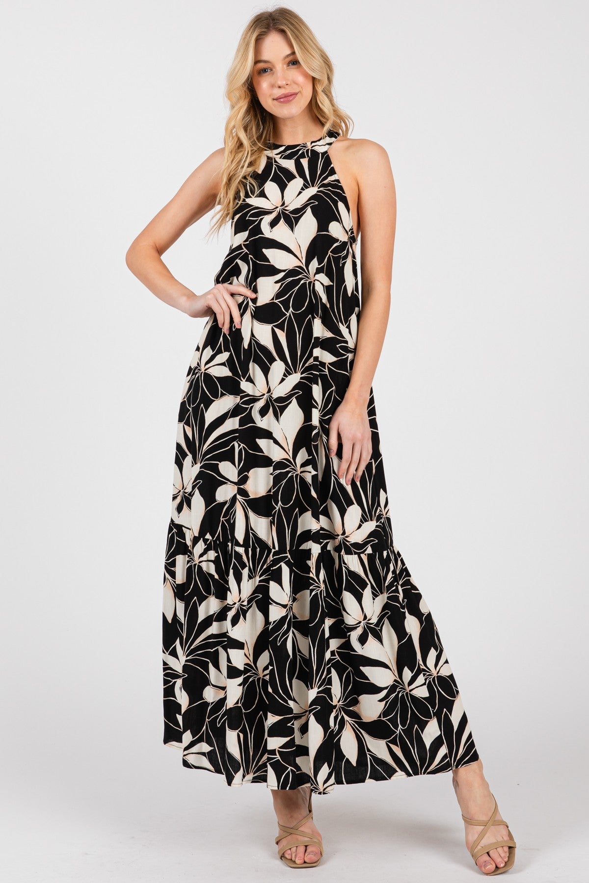 Black/Beige Print Halter Neck Tiered Maternity Maxi Dress