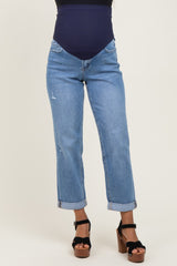 Blue High Rise Cuffed Boyfriend Maternity Jeans