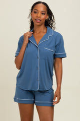 Dusty Blue Short Sleeve Button Down Shirt Shorts Maternity Set