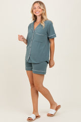 Light Olive Short Sleeve Button Down Shirt Shorts Set