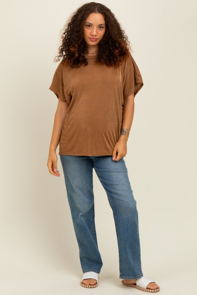 Camel Relaxed Fit Round Neck Cap Sleeves Maternity Top