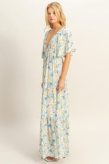 Blue Floral V-Neck Flowy Tiered Maxi Dress