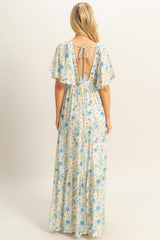 Blue Floral V-Neck Flowy Tiered Maxi Dress